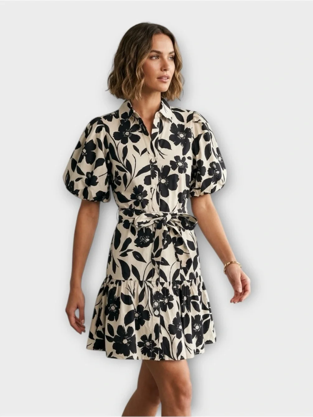 Jessica Simpson Floral Puff Sleeve Shirt Dress in Black and Cream Women’s Size S - Picture 6 of 6